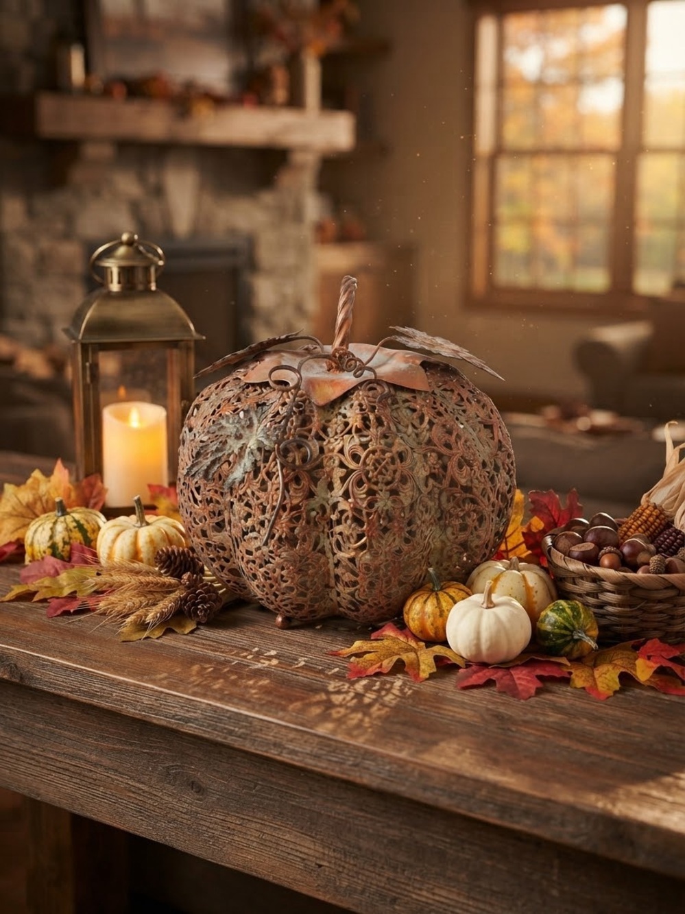 Rustic Metal Filigree Pumpkin Decorative Accent - Brown